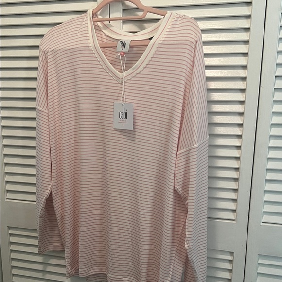CAbi Tops - ( 0410) Cabi Light Pink and White Striped V-Neck Top